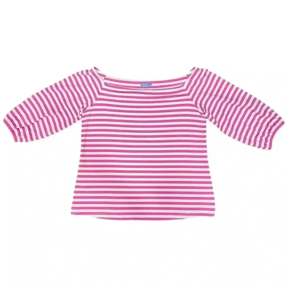 J. McLaughlin (S) Pink & White Striped Off The Shoulder 3/4 Sleeve Elastic Top